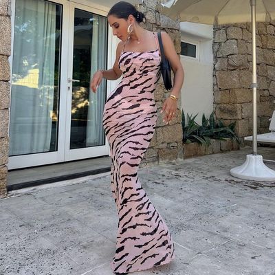 Yazın yeni moda seksi sırtsız özel baskı ince halter elbise