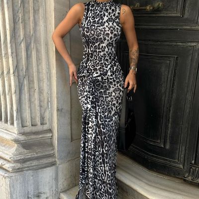 Yeni Moda Özel Baskı Zayıf Bel Bağı Çatlak Kolsuz Elbise