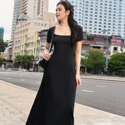 Moda Sokak Fotoğrafı Zayıf Katı Renkli U boyun Kısa kollu elbise