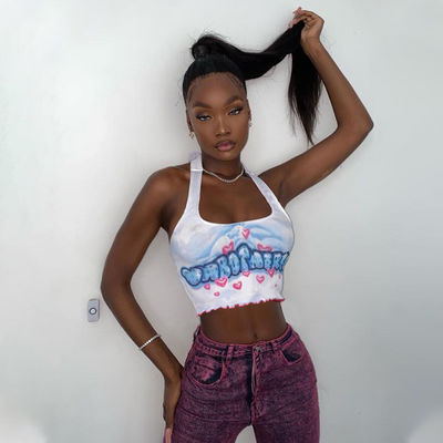 Yeni kadınların özel dalgalı kenarlı dantel halter harf basılı küçük yelek