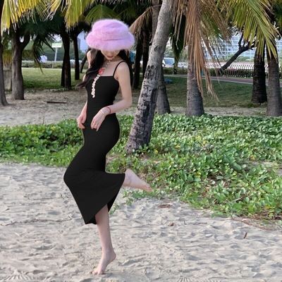 Tek çizgili boyun halter halter seksi moda saf rüzgar ince bel bel uzun elbise
