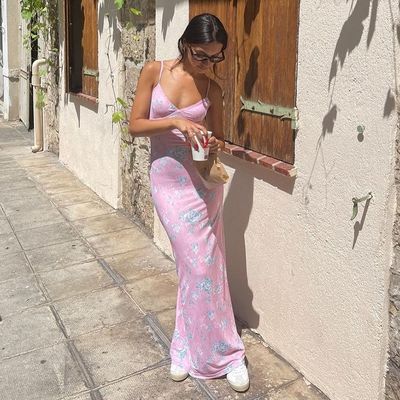 Yaz Yeni V-Neck Seksi Sırtsız Dijital Baskı Orta Uzunluklu Halter Elbise