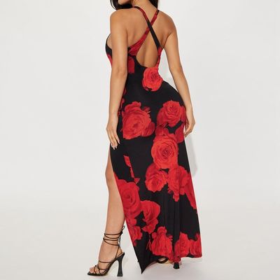 Kadın Moda Baskı Uzun Eteği Seksi Bölünmüş Halter Elbise