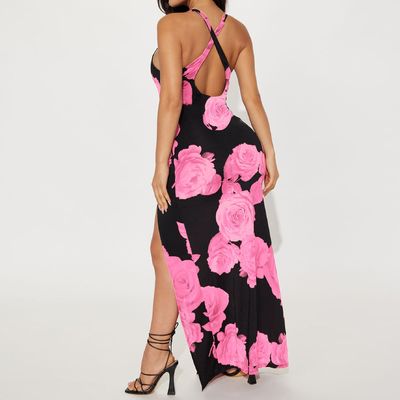 Kadın Moda Baskı Uzun Eteği Seksi Bölünmüş Halter Elbise