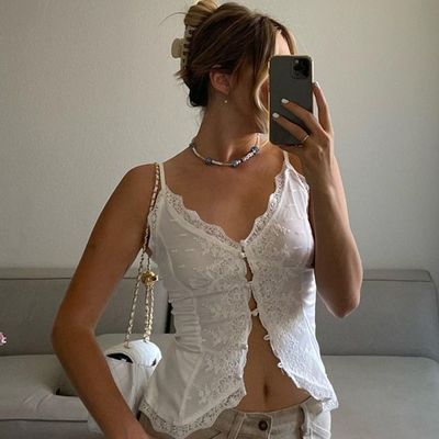 Kadın stili Amerikan Spice Girl dantel dantel seksi V boyun cadiği kelepçe halter küçük yelek üstü