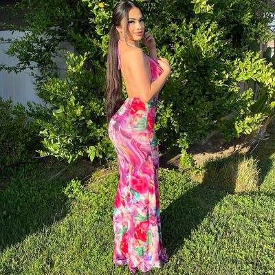 Yaz yeni seksi dantel üstü halter etek moda baskısı elbise