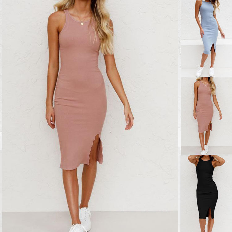 Slim Fit Paketi Kalça Elbise Katı Renkli Yelek Uzun Trick Bag Kalça Slit Elbise