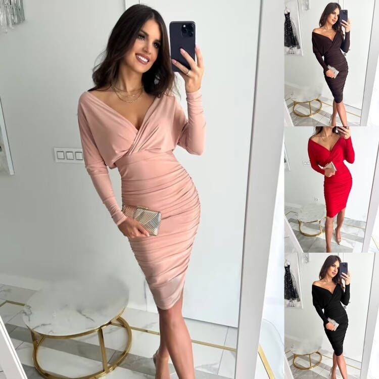 Moda Paketi Kalça Elbise Uzun Kollu V Boyun Seksi Bel Katlama Kalça Sarma Elbise