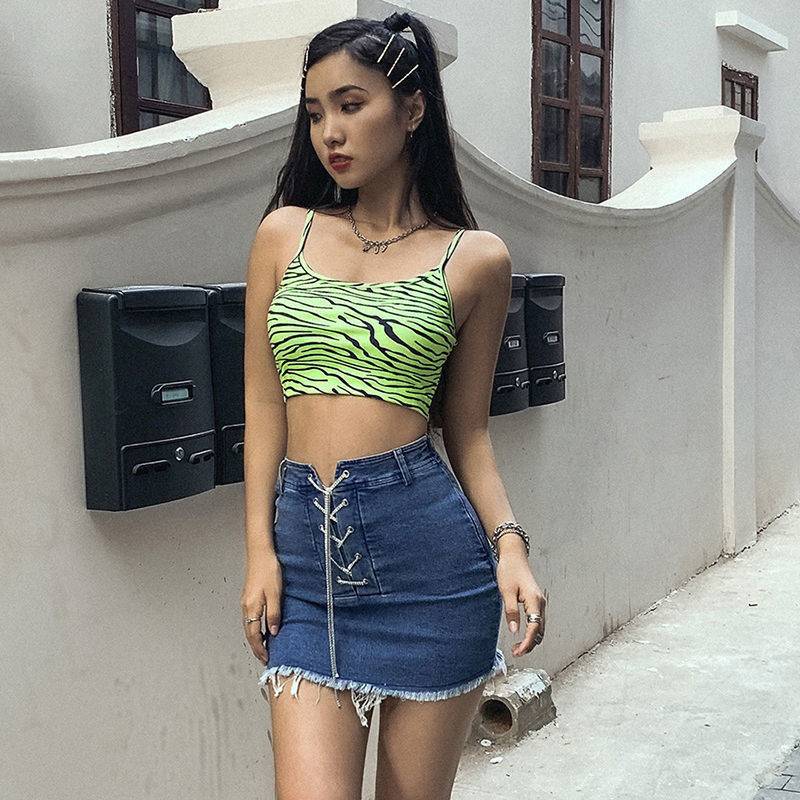 Moda Kadınlar Camisole Yelek Flüoresan Yeşil Zebra Baskı Camisole Slim Fit Seksi Toplu