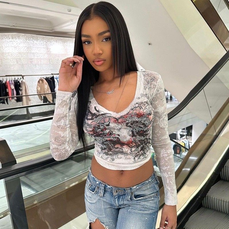 Yetişkin Seksi Dekal Tişört Moda Baskı Slim Fit Uzun Kollu Tişört Üstü