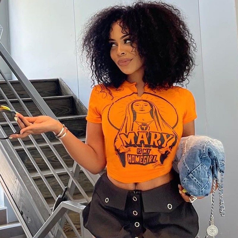 Seksi Monogram Baskı Kısa Kollu Seksi Slim Fit Tişörtler Midriff Hipster Tee