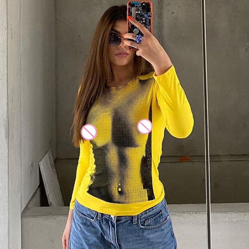Dijital Baskı Dekal Tişört Moda Baskı Tüm Eşleşme Uzun Kollu Bitki Tişörtü