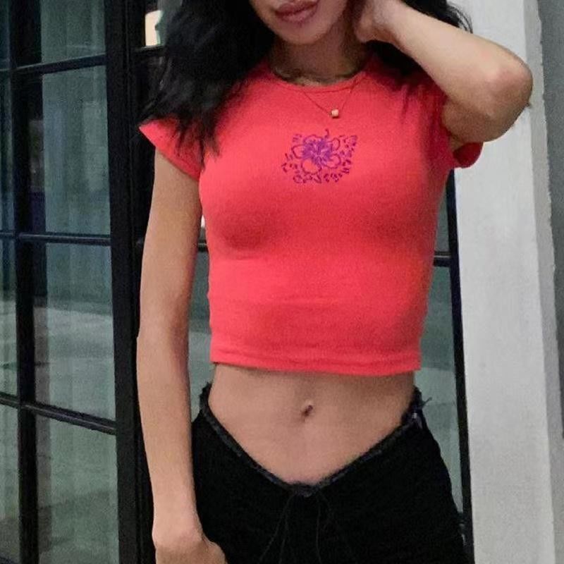 Yuvarlak Boyunlu Seksi Sıkı Tişörtler Katı Renkli Seksi Fırça Sıkı Kısa Kollu Tişört