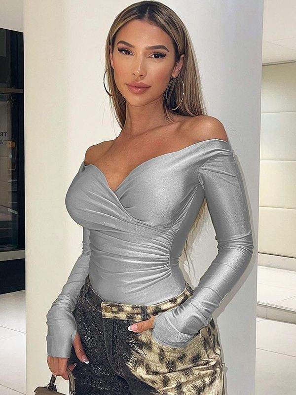 Rahat Slim Fit V Boynuzlu Tişört Seksi Şal Yumruklu Seksi İnce Tişört Sıkı Uzun Kollu