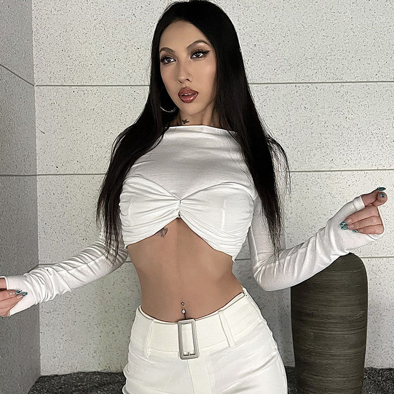 Tek çizgi boyun seksi sıkı gömlekler uzun kollu katı renk beyaz yontulmuş tişört