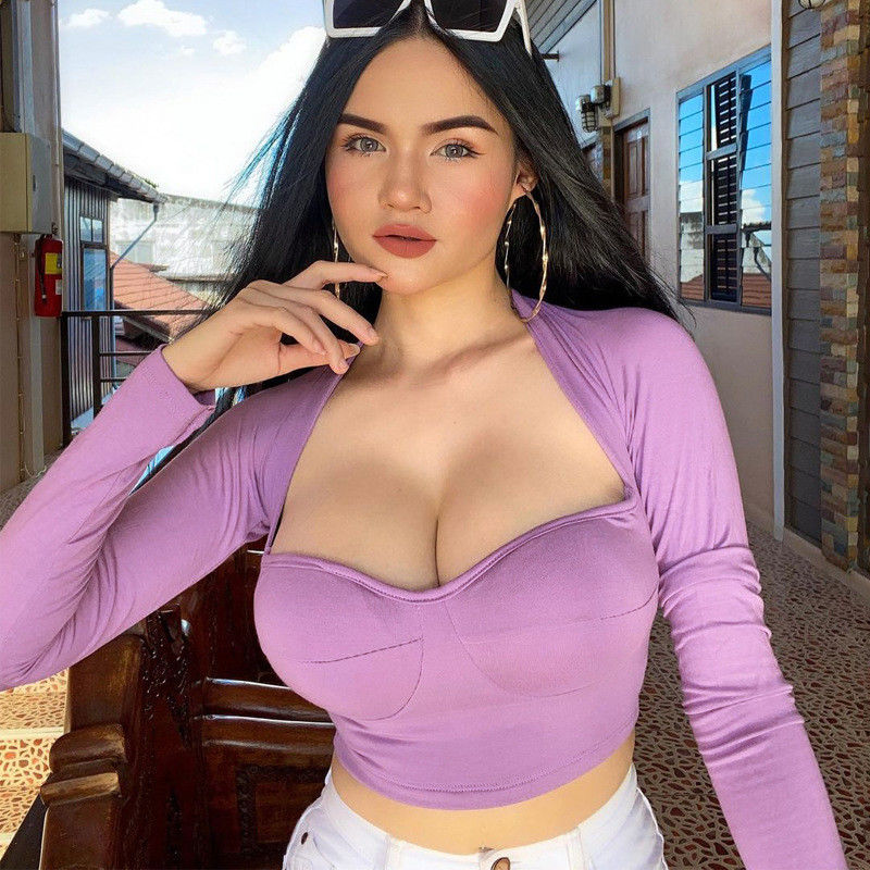 V boyun seksi sıkı tişörtler Slim Fit seksi sıkı toplar uzun kollu boyun kısa