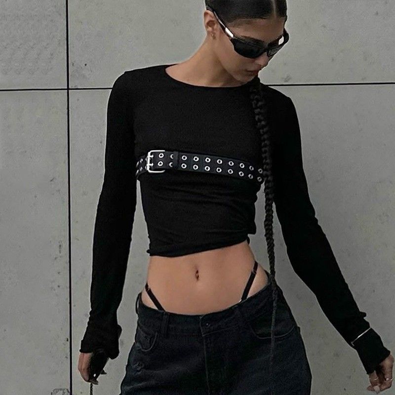 Moda baharat seksi sıkı tişörtler yuvarlak boyun ince uzun kollu tişört katı desen
