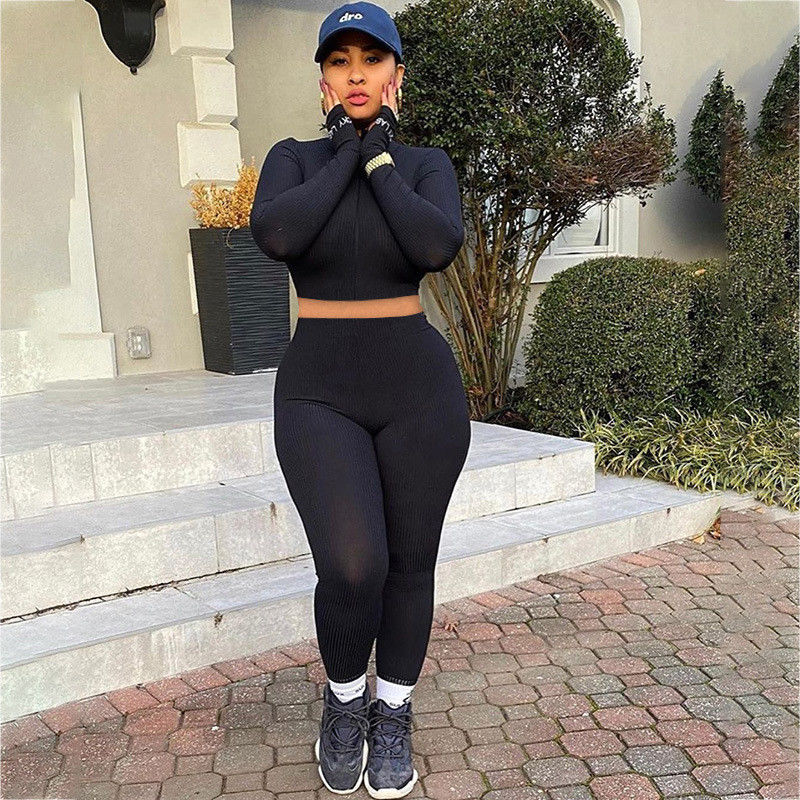 Zipper İki Parça Spor Set Yüksek Boynuz Slit nakış Mektubu Seksi Spor Giysi