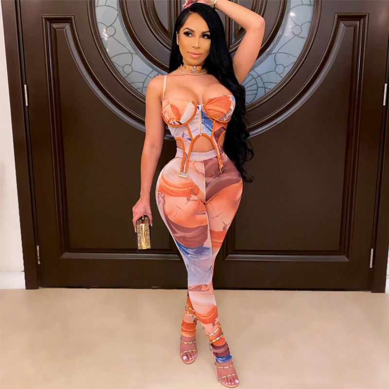 Zipper Print Seksi Egzersiz Giysileri Halter Tank ve Pantolon Sessiz Seksi Spor Giysi