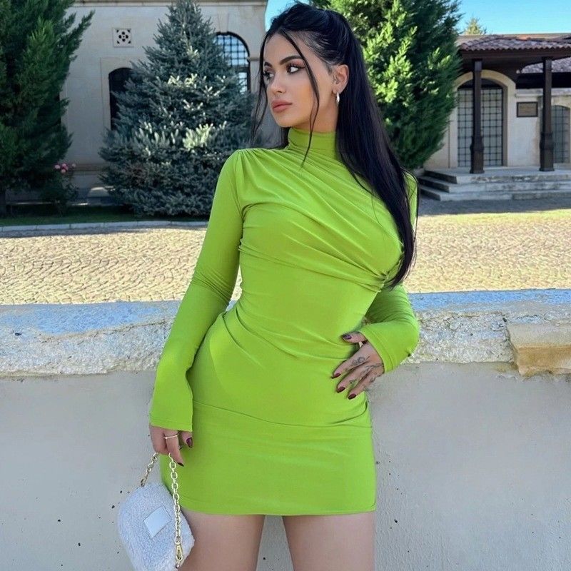 Şık, ince örgülü elbise Katı Renkli Plüse Slim Fit Çanta Kalça Elbise Eteği Yuvarlak Boyun