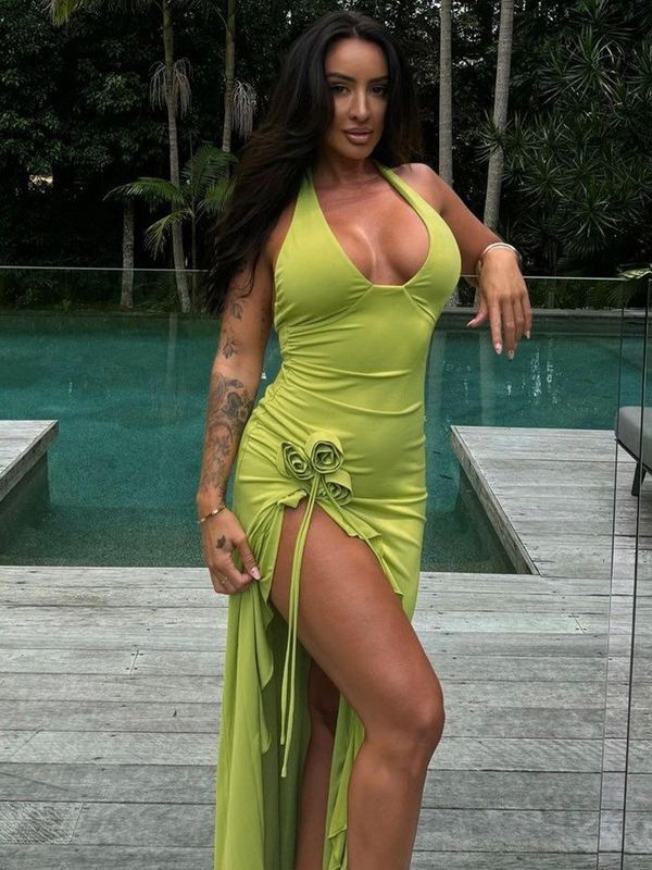 Özel Bahar ve Yaz Yeni Moda Seksi Katı Renk Zayıf Yüksek Bel V boyun Halter Elbise Kadın