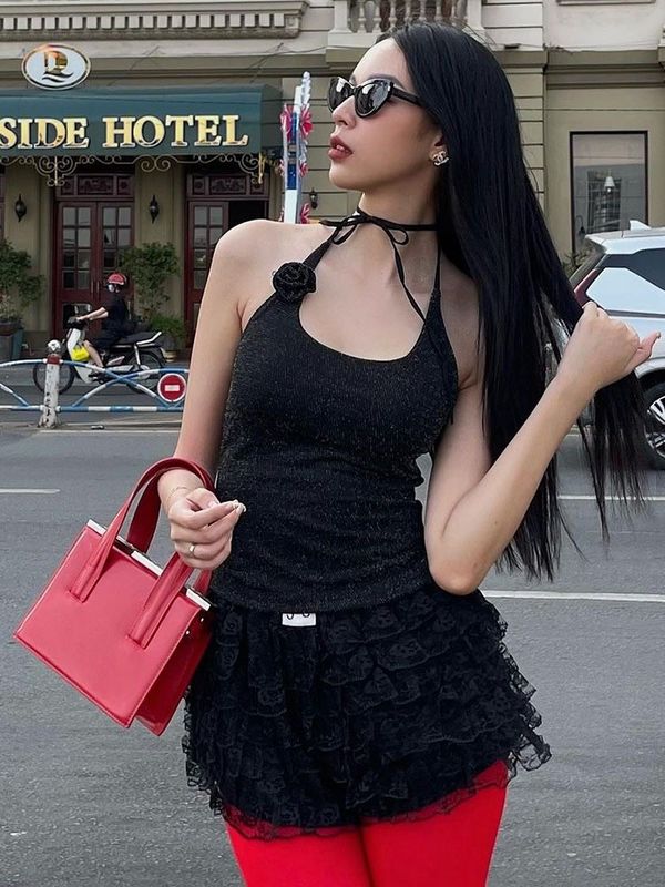 Yeni moda seksi baharat nakışlı dantel halter ince bel katı renk yelek